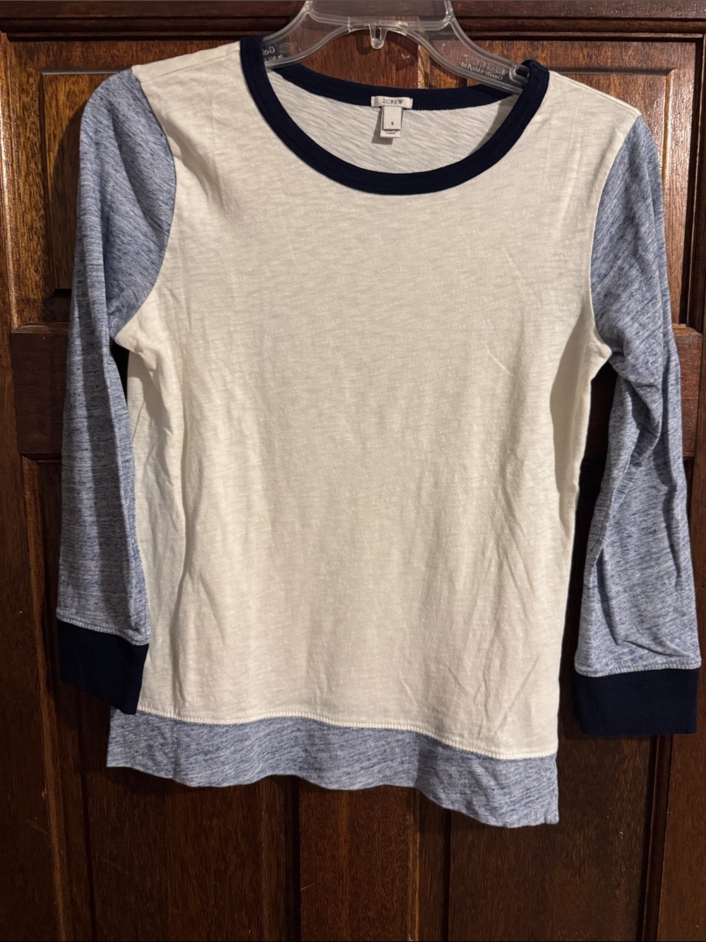 J. Crew Women’s Cream Body with Heather Blue Sleeves 3/4 Sleeve Tee